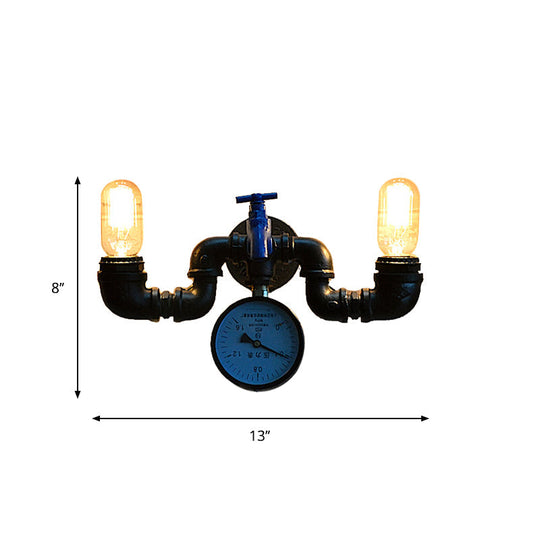 Vintage Pipe Wall Lamp With Pressure Gauge And Faucet Accent - 2 Light Metal Sconce In Black