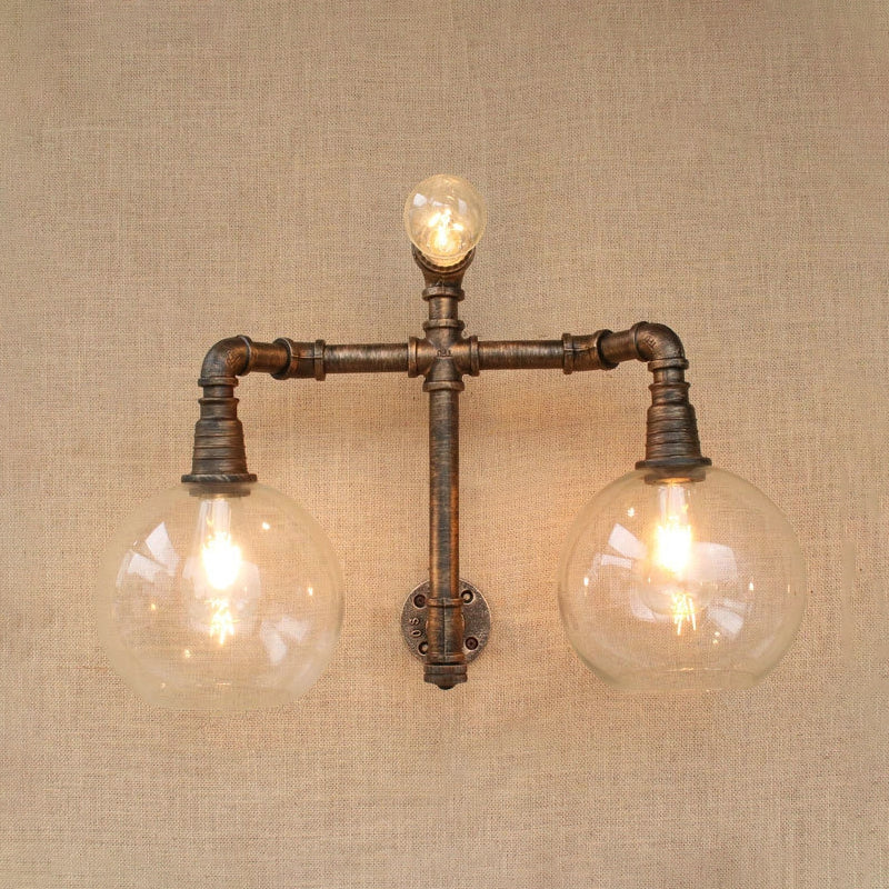 Vintage Style Wall Sconce Lighting: Glass Clear Mounted Global Shade 2/3 Lights With Pipe For Living