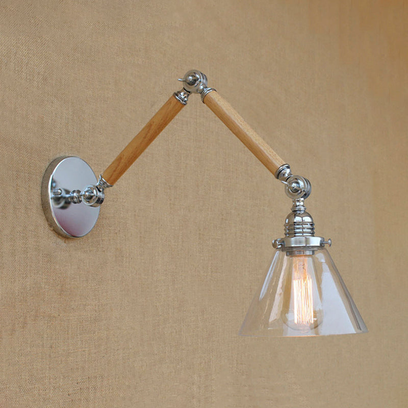 Vintage Style Clear Glass Cone Bedside Sconce Light Fixture With Chrome Wall Mount - Wooden Arm