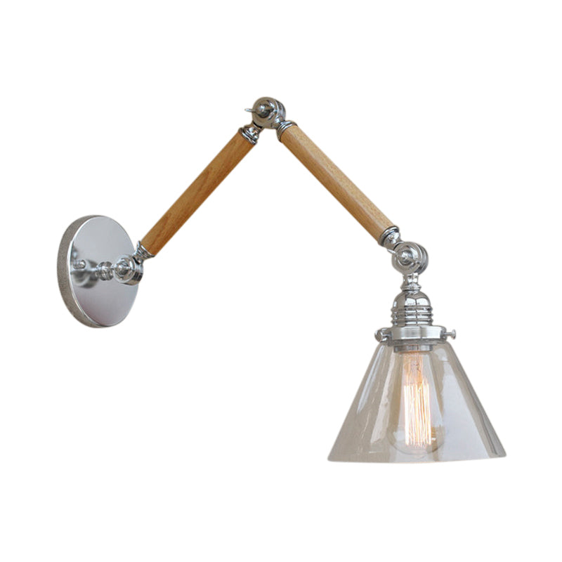 Vintage Style Clear Glass Cone Bedside Sconce Light Fixture With Chrome Wall Mount - Wooden Arm