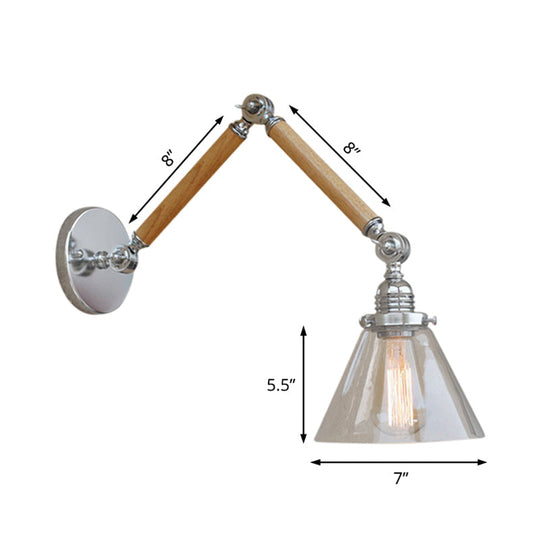 Vintage Style Clear Glass Cone Bedside Sconce Light Fixture With Chrome Wall Mount - Wooden Arm