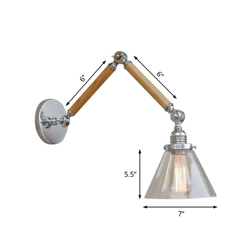 Vintage Style Clear Glass Cone Bedside Sconce Light Fixture With Chrome Wall Mount - Wooden Arm