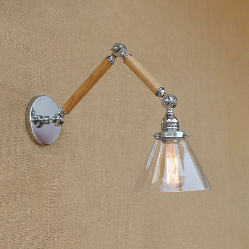 Vintage Style Clear Glass Cone Bedside Sconce Light Fixture With Chrome Wall Mount - Wooden Arm