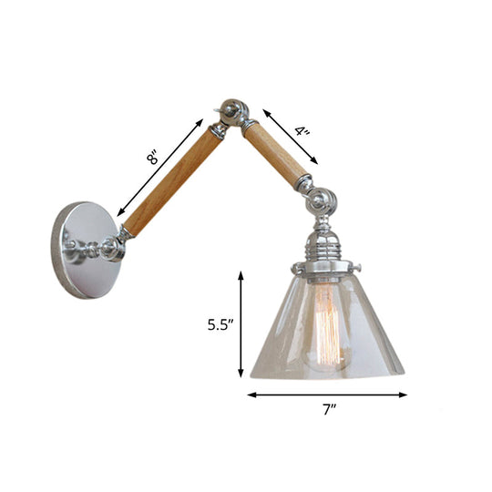 Vintage Style Clear Glass Cone Bedside Sconce Light Fixture With Chrome Wall Mount - Wooden Arm