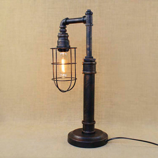 Steampunk Bronze Finish Table Lamp - Wrought Iron Cylinder/Bulb Shade Standing 1 Head / Oval