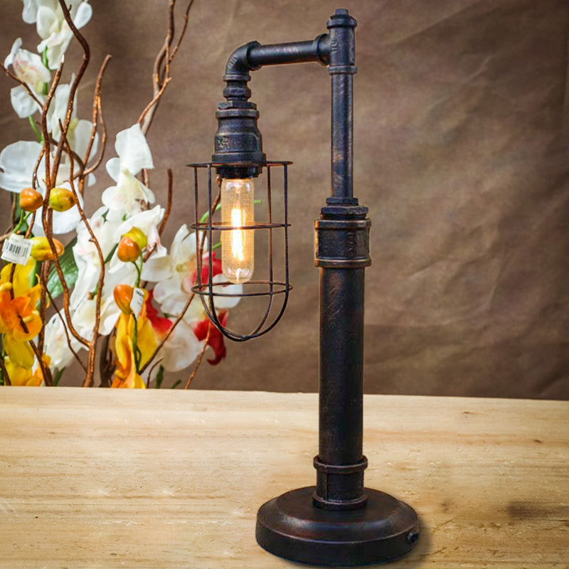 Steampunk Bronze Finish Table Lamp - Wrought Iron Cylinder/Bulb Shade Standing 1 Head