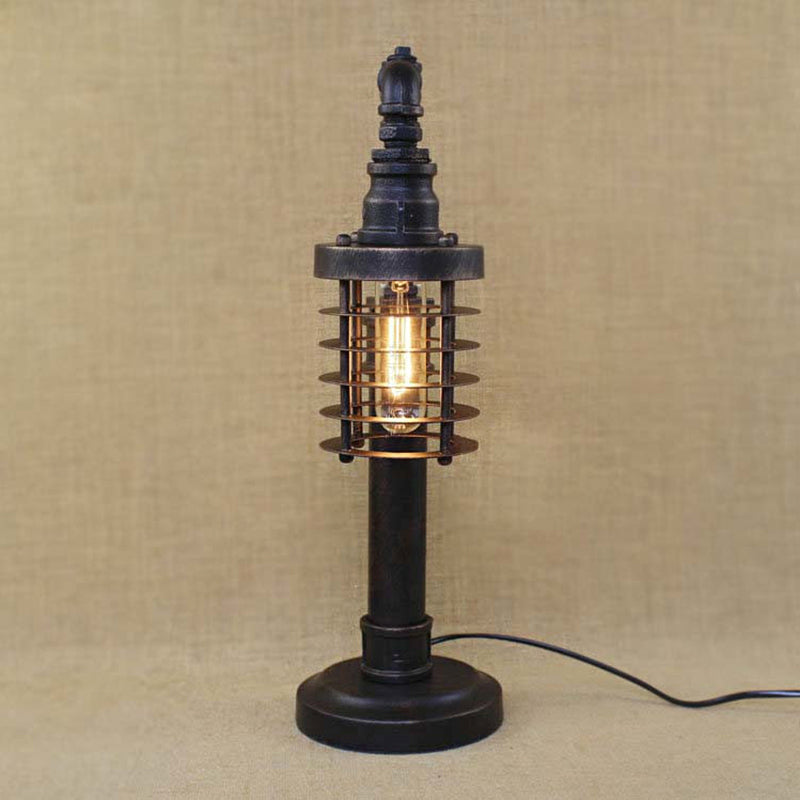 Steampunk Bronze Finish Table Lamp - Wrought Iron Cylinder/Bulb Shade Standing 1 Head / Cylinder