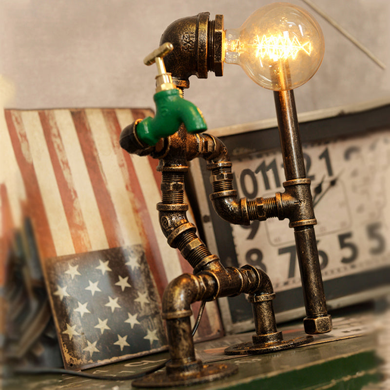 Wrought Iron Robot Table Lamp - Rustic Style With Plumbing Pipe 1 Bulb Antique Brass Bedroom