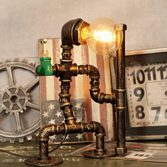 Wrought Iron Robot Table Lamp - Rustic Style With Plumbing Pipe 1 Bulb Antique Brass Bedroom