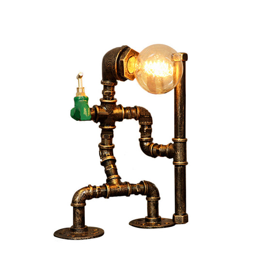 Wrought Iron Robot Table Lamp - Rustic Style With Plumbing Pipe 1 Bulb Antique Brass Bedroom