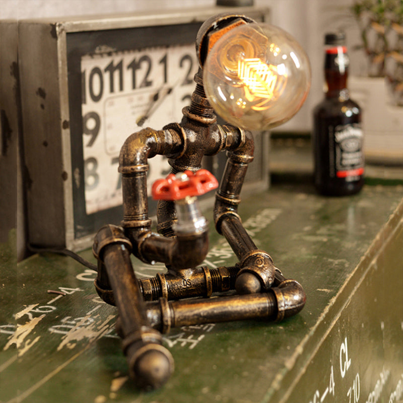 Wrought Iron Robot Table Lamp - Rustic Style With Plumbing Pipe 1 Bulb Antique Brass Bedroom