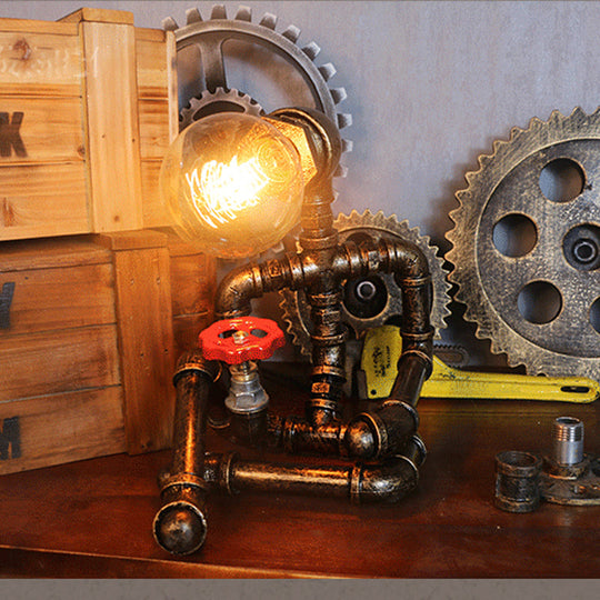 Wrought Iron Robot Table Lamp - Rustic Style With Plumbing Pipe 1 Bulb Antique Brass Bedroom