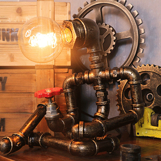 Wrought Iron Robot Table Lamp - Rustic Style With Plumbing Pipe 1 Bulb Antique Brass Bedroom