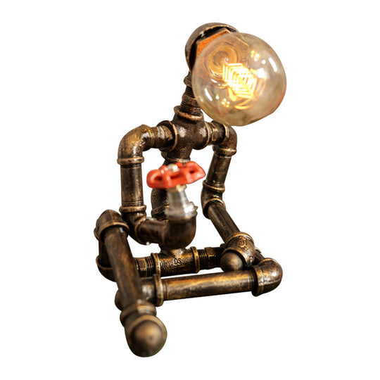 Wrought Iron Robot Table Lamp - Rustic Style With Plumbing Pipe 1 Bulb Antique Brass Bedroom