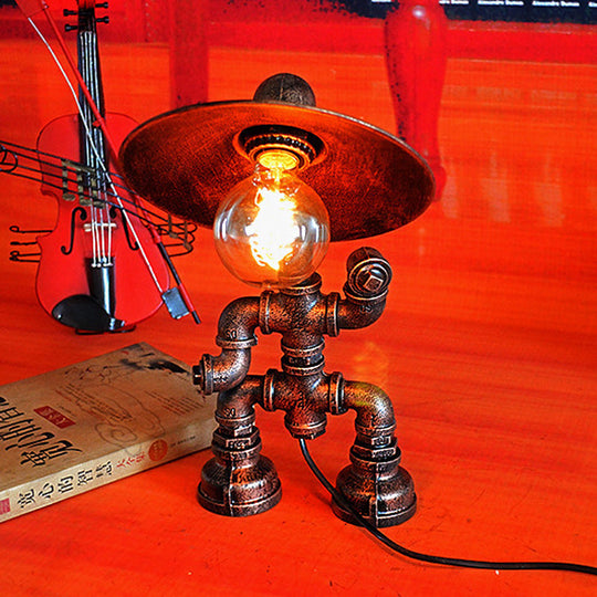 Wrought Iron Robot Table Lamp - Rustic Style With Plumbing Pipe 1 Bulb Antique Brass Bedroom