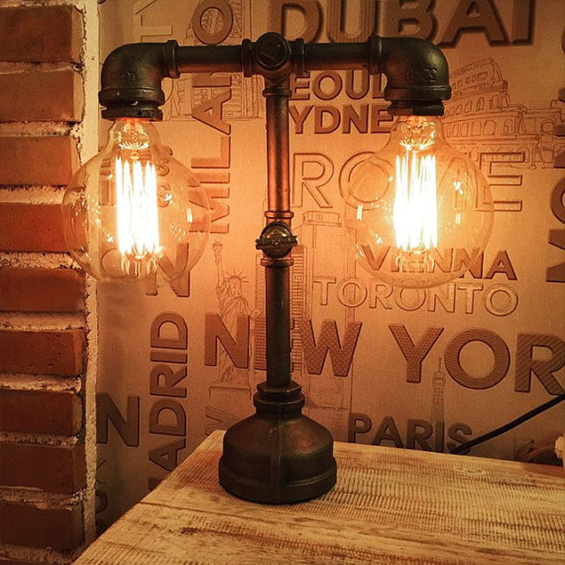 Industrial Water Pipe Table Lamp - 2 Lights Stylish Black Metal Fixture For Restaurant Lighting