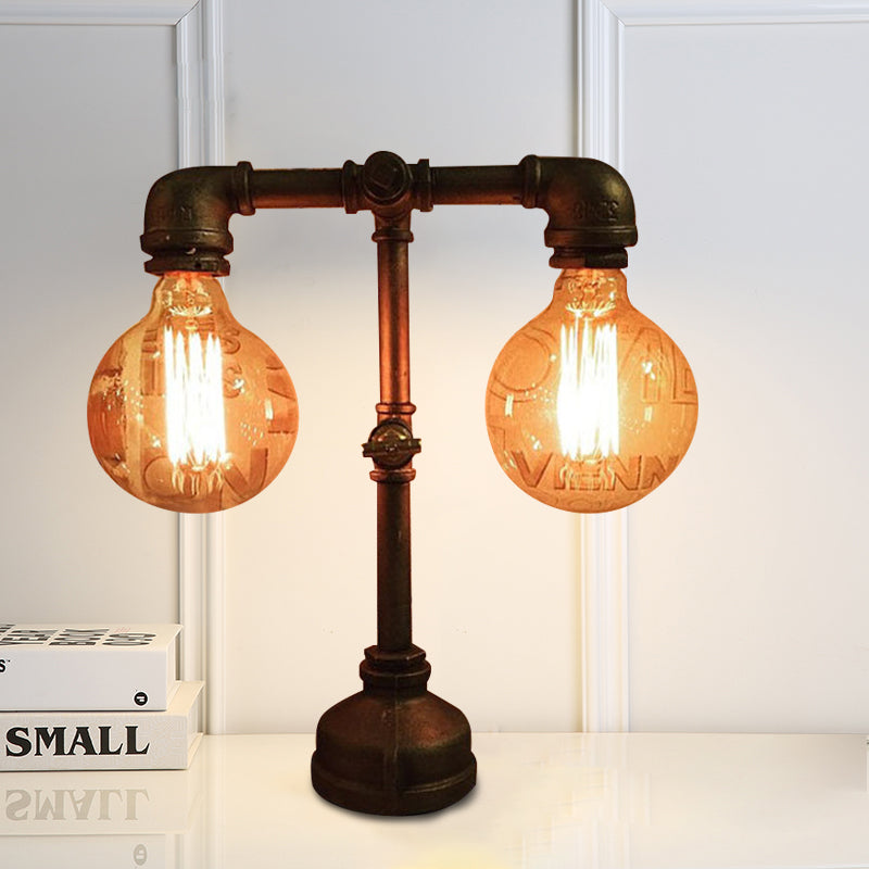 Industrial Water Pipe Table Lamp - 2 Lights Stylish Black Metal Fixture For Restaurant Lighting