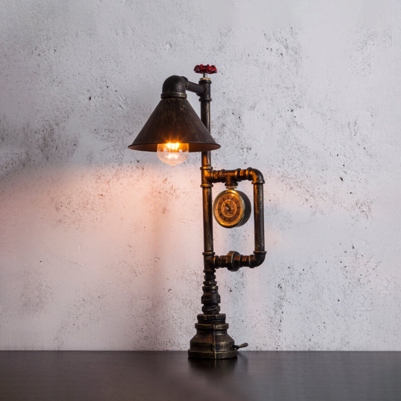 Steampunk Brass Finish Table Light With Clock Deco Wrought Iron Stand And Conical Bulb Bronze