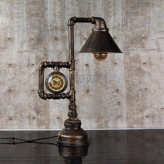 Steampunk Brass Finish Table Light With Clock Deco Wrought Iron Stand And Conical Bulb