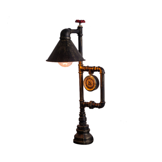 Steampunk Brass Finish Table Light With Clock Deco Wrought Iron Stand And Conical Bulb