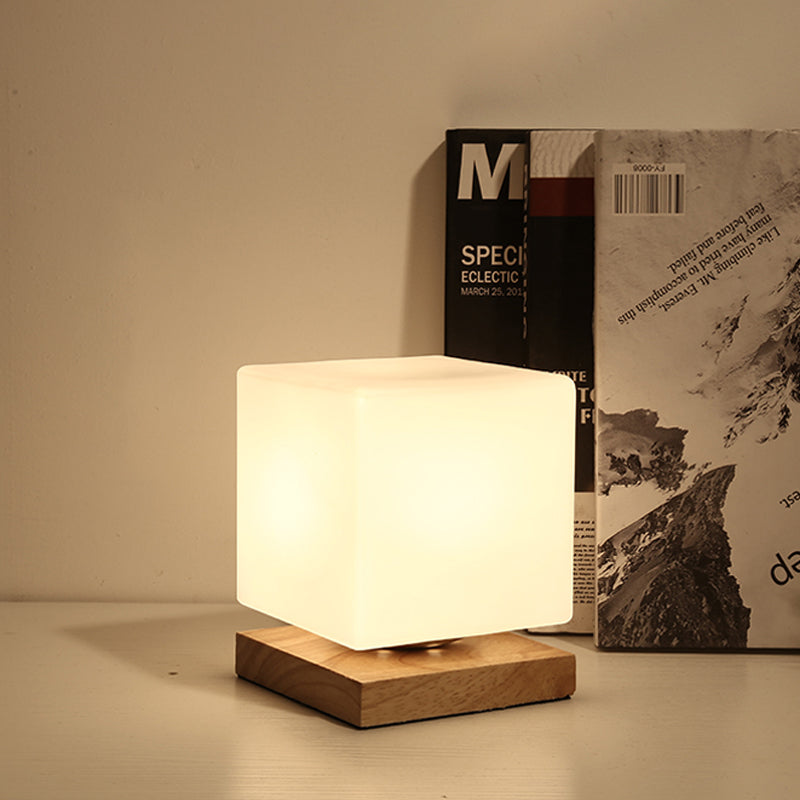 Modern Wood White Glass Book Light With Single Bulb - Globe/Cylinder/Square Shade Task Lighting