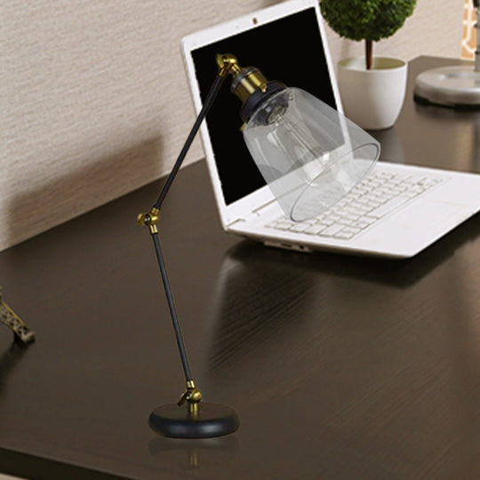 Industrial Black Desk Lamp With Swing Arm & Tapered Clear Glass Shade