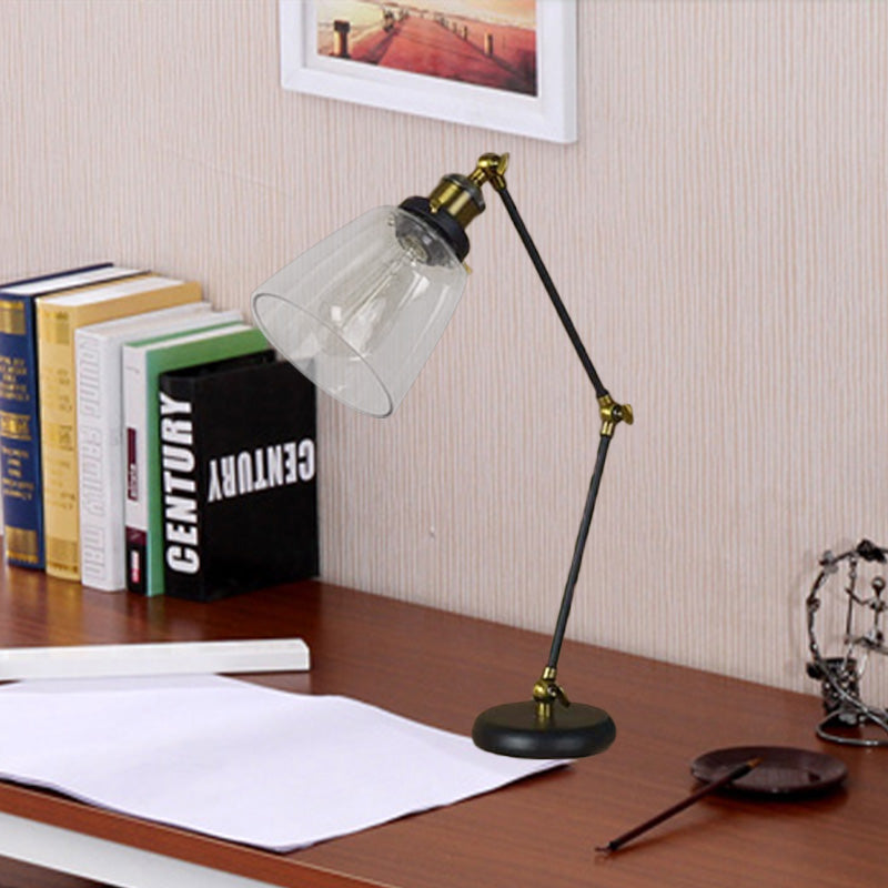 Industrial Black Desk Lamp With Swing Arm & Tapered Clear Glass Shade