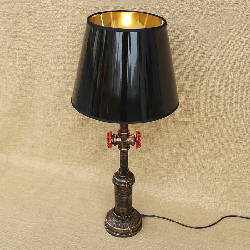 Industrial Pipe Table Light With Tapered Shade & Valve In Black - 1 Lamp For Indoor Use