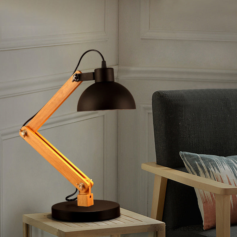 Loft Style Domed Desk Lamp - Metal With Wood Arm Adjustable Black/White 1-Light Reading Light For