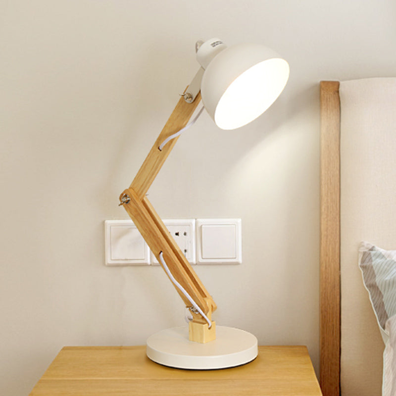 Loft Style Domed Desk Lamp - Metal With Wood Arm Adjustable Black/White 1-Light Reading Light For