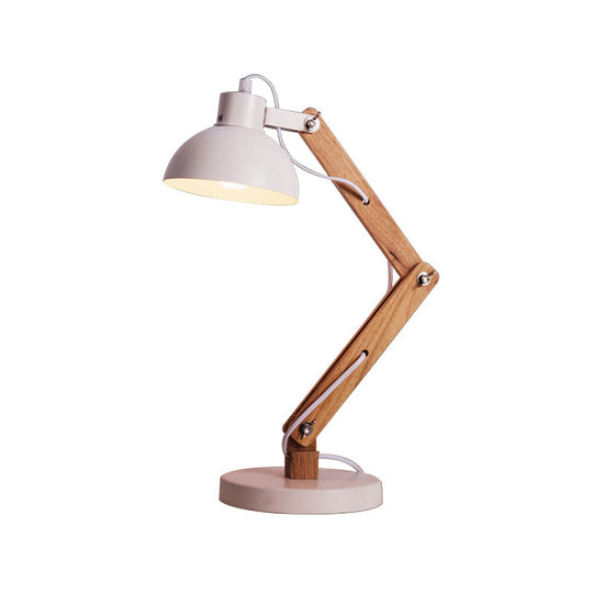 Loft Style Domed Desk Lamp - Metal With Wood Arm Adjustable Black/White 1-Light Reading Light For