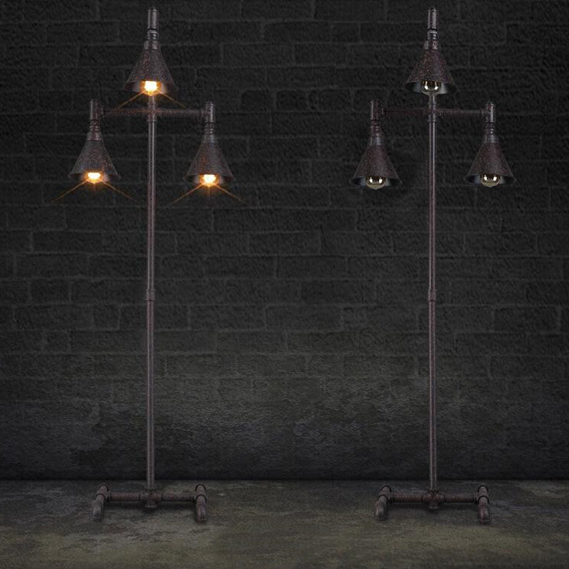 Antique-Style Iron Floor Lamp With 3 Lights Dark Rust Conical Shade And Elegant Pipe Design