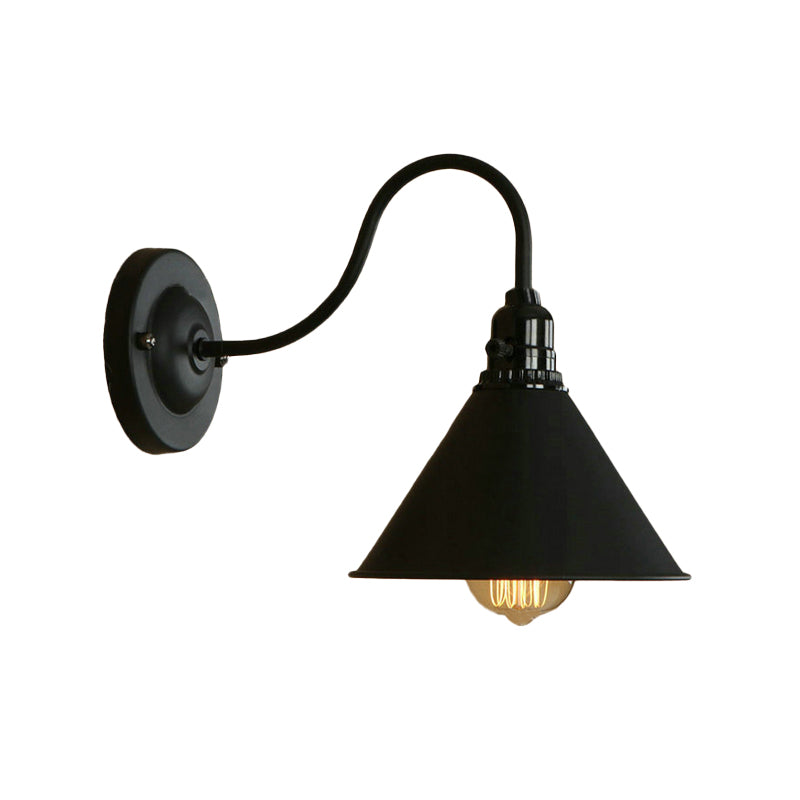 Farmhouse Cone Wall Sconce Lamp - Gooseneck Arm Black/White Metal 1 Light