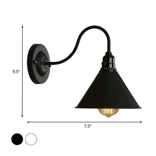 Farmhouse Cone Wall Sconce Lamp - Gooseneck Arm Black/White Metal 1 Light