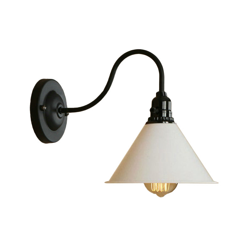 Farmhouse Cone Wall Sconce Lamp - Gooseneck Arm Black/White Metal 1 Light