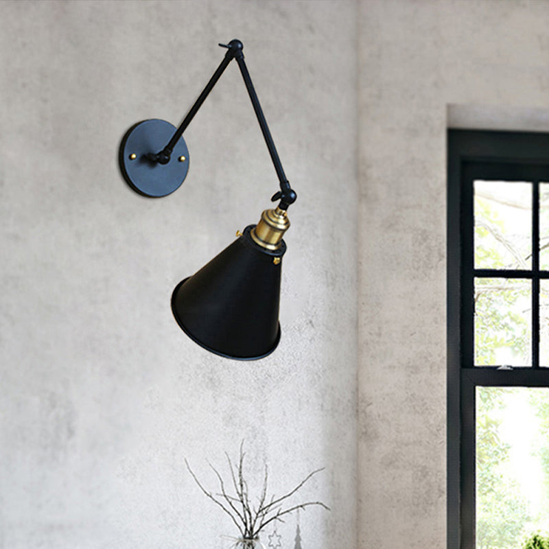 Retro Swing Arm Wall Light With Conic Shade - Indoor Black Metal Mount 1