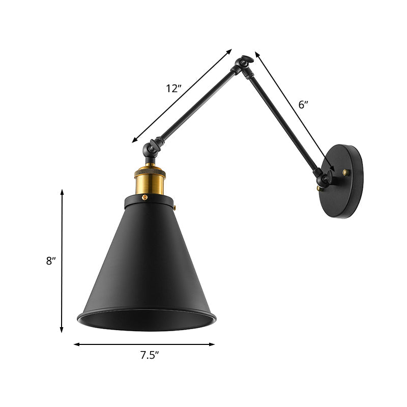 Retro Swing Arm Wall Light With Conic Shade - Indoor Black Metal Mount 1