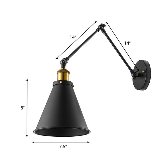 Retro Swing Arm Wall Light With Conic Shade - Indoor Black Metal Mount 1