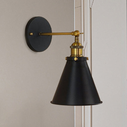 Industrial Black/Brass Sconce With Metal Conic Shade - Stylish Wall Lighting For Living Room