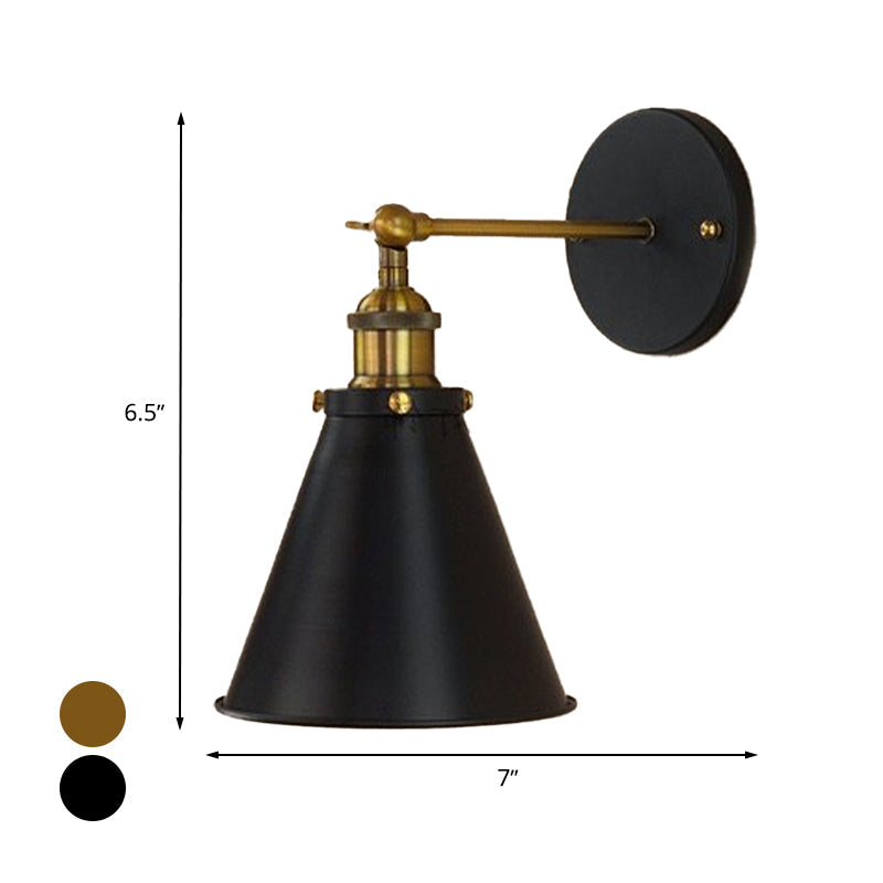 Industrial Black/Brass Sconce With Metal Conic Shade - Stylish Wall Lighting For Living Room