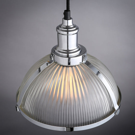 Industrial Ribbed Glass Dome Pendant Fixture - Antique Brass/Chrome