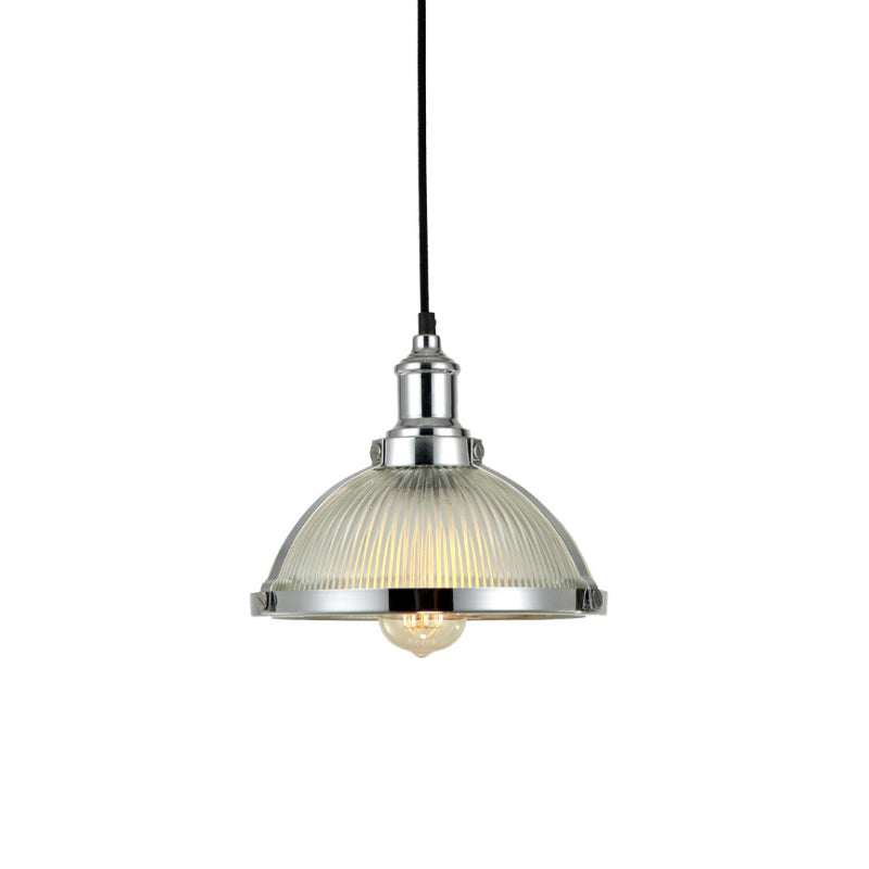 Industrial Ribbed Glass Dome Pendant Fixture - Antique Brass/Chrome