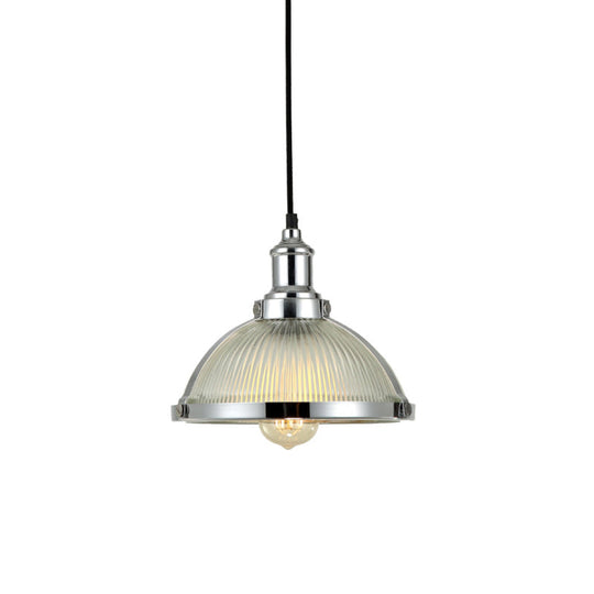 Ribbed Glass Industrial Pendant Light For Dining Room - Antique Brass/Chrome Dome Ceiling Fixture