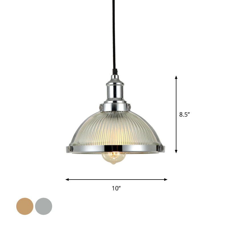 Industrial Ribbed Glass Dome Pendant Fixture - Antique Brass/Chrome