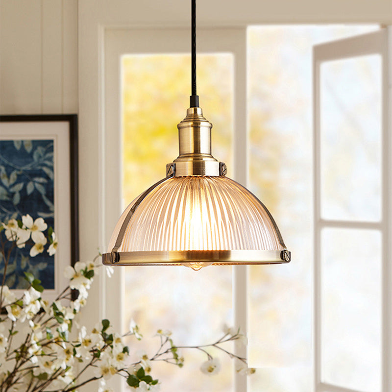 Ribbed Glass Industrial Pendant Light For Dining Room - Antique Brass/Chrome Dome Ceiling Fixture