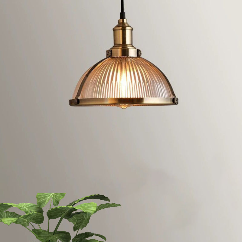 Industrial Ribbed Glass Dome Pendant Fixture - Antique Brass/Chrome