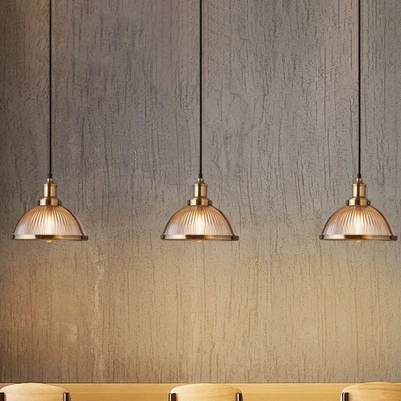 Ribbed Glass Industrial Pendant Light For Dining Room - Antique Brass/Chrome Dome Ceiling Fixture