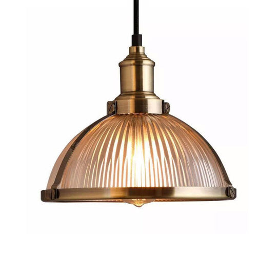 Industrial Ribbed Glass Dome Pendant Fixture - Antique Brass/Chrome