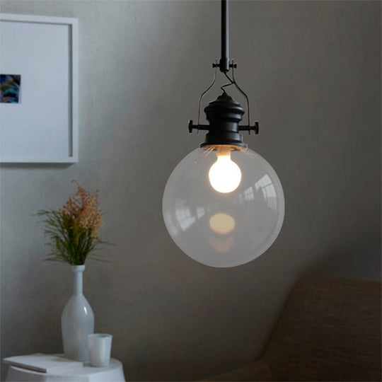 Industrial Globe Pendant Light with Clear Glass Shade in Black - 8"/10" Single Light