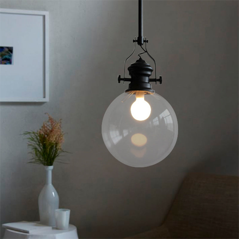 Industrial Globe Pendant Light - 8/10 Wide Single Clear Glass Hanging Lamp In Black